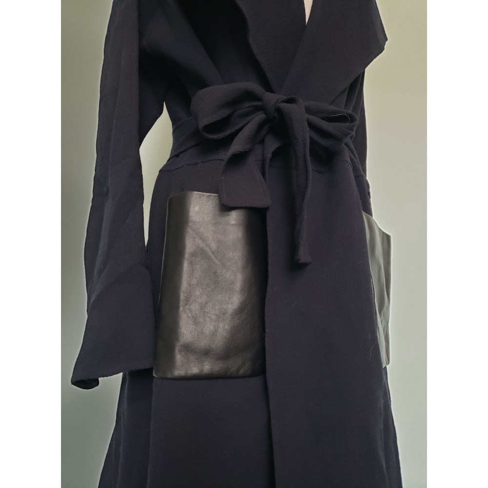 Apostrophe Womens‎ 42 L 100% Wool Coat Belted Lambskin Leather Pockets Dark Navy - Picture 6 of 13